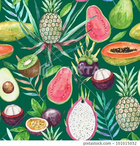 Bright colorful seamless pattern with watercolor tropical fruits. Hand drawn illustration for textile print, design and wallpaper. Bright colorful seamless pattern with watercolor tropical fruits. Hand drawn illustration for textile print, design and wallpaper. 101015032