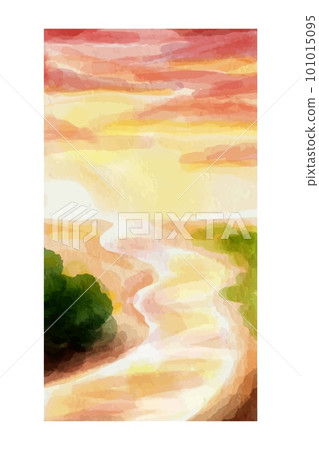 Watercolor landscape, red sunset over river, forest Watercolor landscape, red sunset over river, forest 101015095