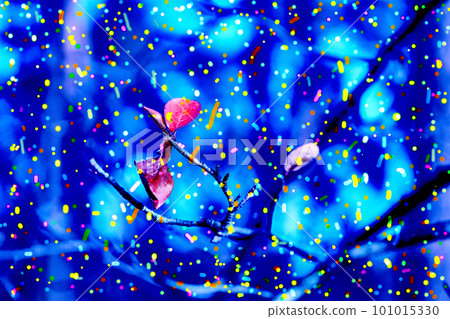 Blue abstract watercolor background with leaves and branches, colorful dots 101015330
