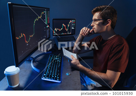 Crypto investor working on pc, noting down results of his trading market analysis 101015930