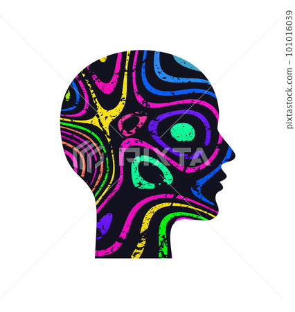 Woman profile. Silhouette of head with neon abstract psychedelic pattern. 101016039
