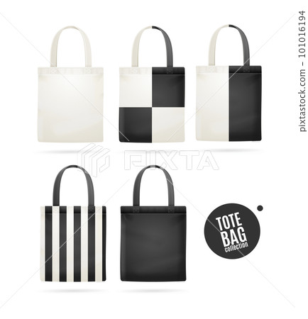 Realistic Detailed 3d White and Black Tote Bag Fabric Cloth Set. Vector 101016194