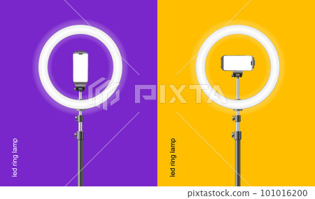 Realistic Detailed 3d Led Ring Lamp and Phone Blogger Banner Concept Card. Vector Realistic Detailed 3d Led Ring Lamp and Phone Blogger Banner Concept Card. Vector 101016200