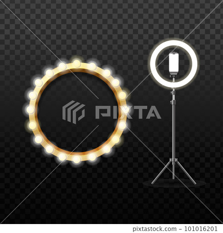 Realistic Detailed 3d Led Ring Lamp and Circle Mirror Set. Vector Realistic Detailed 3d Led Ring Lamp and Circle Mirror Set. Vector 101016201