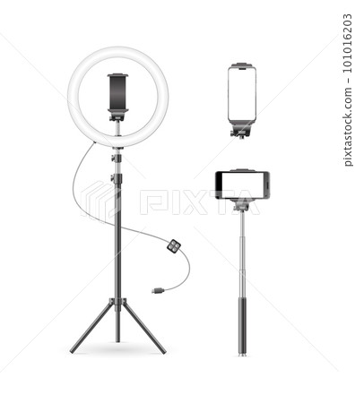 Realistic Detailed 3d Led Ring Lamp and Monopod Set. Vector Realistic Detailed 3d Led Ring Lamp and Monopod Set. Vector 101016203