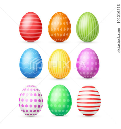 Realistic Detailed 3d Color Easter Eggs with Different Print Set. Vector 101016218