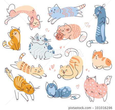 Set of cute cats in different poses. Seamless baby pattern in a kids doodle style Set of cute cats in different poses. Seamless baby pattern in a kids doodle style 101016286
