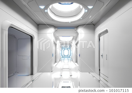 sci-fi futuristic interior of a white space station. Concept art illustration 101017115