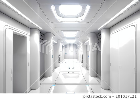 sci-fi futuristic interior of a white space station. Concept art illustration 101017121