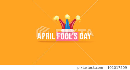 April fools day vector banner with funny clown hat and greeting text isolated on orange background. April fools day label, sticker and funky poster design template. Fools day logo and icon 101017209