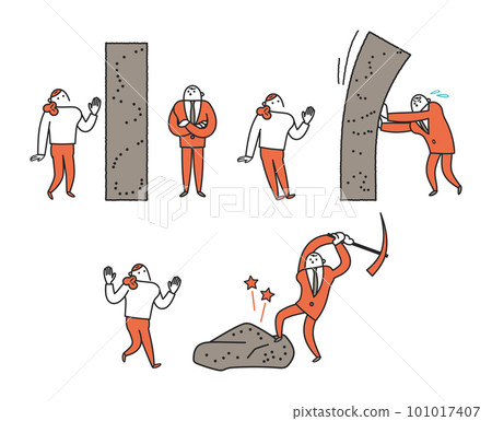 一個男人移動或打破一堵又厚又厚的牆,一個女人看著它設置插圖素材 一個男人移動或打破一堵又厚又厚的牆,一個女人看著它設置插圖素材 101017407
