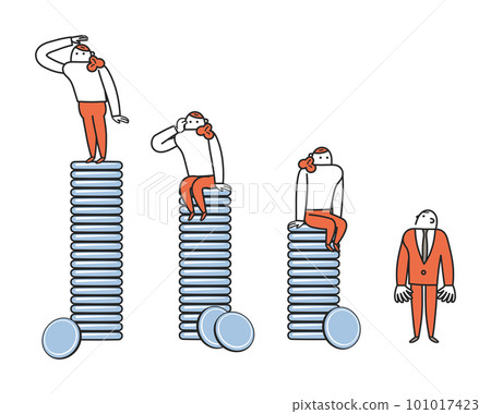 一個女人和一個男人起草一份提案，看著堆積如山的硬幣年收入牆插圖素材 101017423