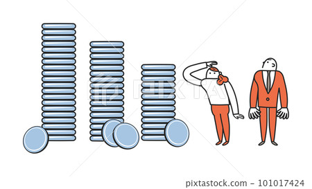 一個女人和一個男人起草一份提案，看著堆積如山的硬幣年收入牆插圖素材 101017424