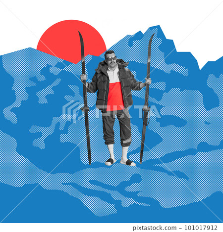 Young man on winter holidays in mountain standing with skis, having fun with active hobby. Tourism. Contemporary art collage. 101017912