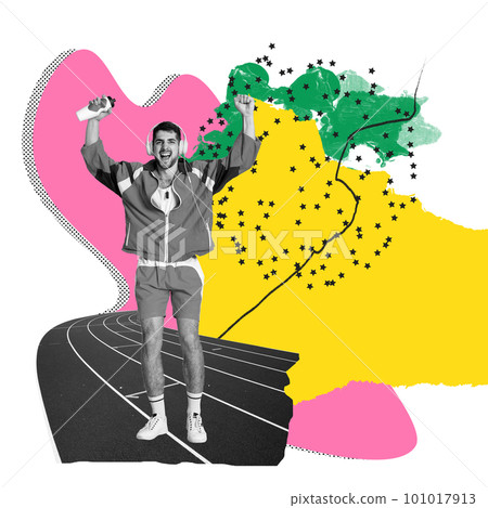 Happy, smiling young man in sportswear and headphones training. Running athlete winning marathon. Contemporary art collage. 101017913
