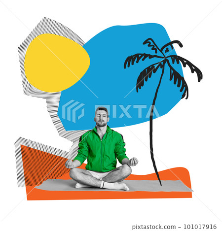Young man on summer holiday doing meditation near palms under sun. Relaxation and calmness. Contemporary art collage. 101017916