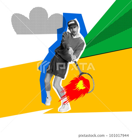 Young man in retro clothes with tennis racket. Sport as hobby. Summertime activity on bright background. Contemporary art collage. Young man in retro clothes with tennis racket. Sport as hobby. Summertime activity on bright background. Contemporary art collage. 101017944