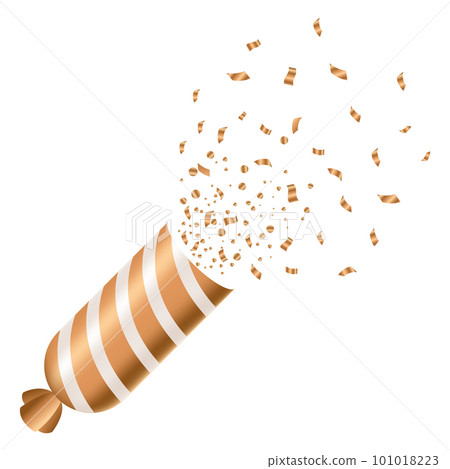 Party poppers with spraying confetti and streamer. Golden festive decoration element of paper and tinsel isolated on white background. Vector holiday event attribute Party poppers with spraying confetti and streamer. Golden festive decoration element of paper and tinsel isolated on white background. Vector holiday event attribute 101018223