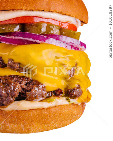 Large cheeseburger with two beef patties grilled Large cheeseburger with two beef patties grilled 101018297