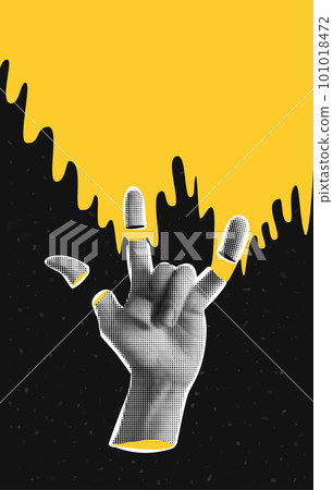 Collage banner with halftone effect hand with gesture Rock. Ripped off fingers and sweat. Textured background with abstract space and stars. Psychedelic poster. New Wave. Punk. 101018472