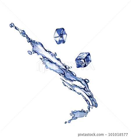 Blue water splashing with ice cubes isolated on white background. Watercolor handrawing beauty illustration. Art design 101018577