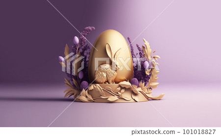 Easter decoration with easter bunny, golden egg and flowers on violet Easter decoration with easter bunny, golden egg and flowers on violet 101018827