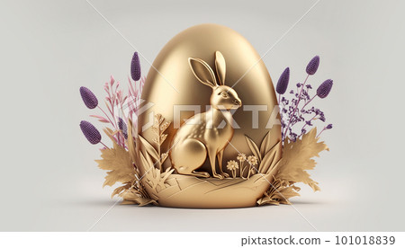 Easter decoration with easter bunny, golden egg and violet flowers on grey 101018839
