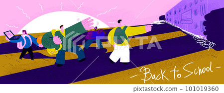 Cartoon children with backpacks go to school. Characters with deformed body proportions. Texture illustration of high school students. Cartoon children with backpacks go to school. Characters with deformed body proportions. Texture illustration of high school students. 101019360