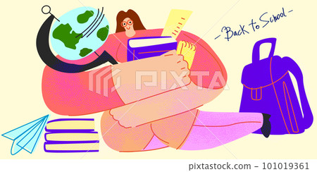 A cute little girl with books and a globe is sitting on the floor. Vector schoolgirl with school supplies on isolate. A cute little girl with books and a globe is sitting on the floor. Vector schoolgirl with school supplies on isolate. 101019361