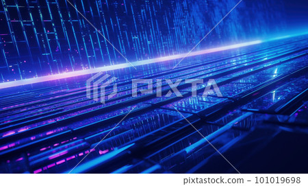Server racks illuminated by a blue and purple gradient 101019698