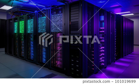 Server racks illuminated by a blue and purple gradient 101019699