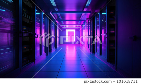 Server racks illuminated by a blue and purple gradient 101019711