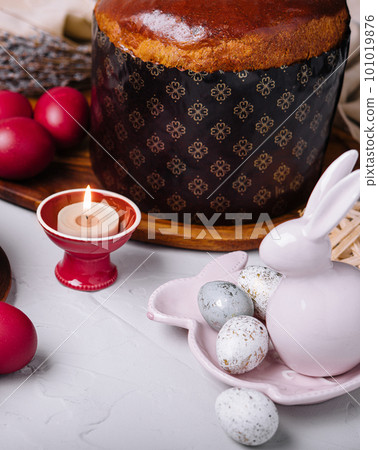 Festive easter table setting with traditional meal 101019876