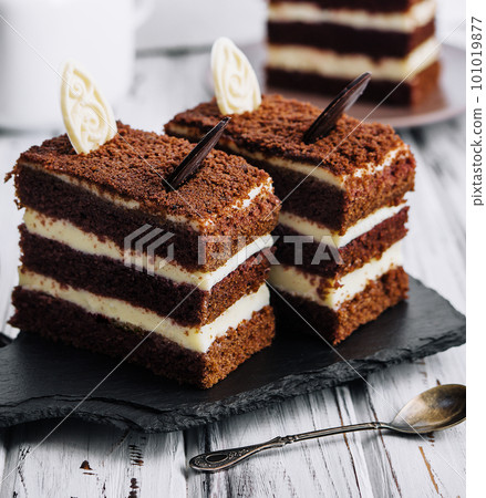 Vanilla and chocolate cake with chocolate slices 101019877