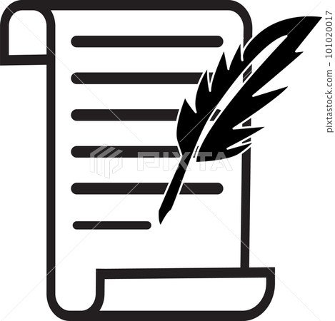 writing on a scroll with a feather quill pen icon. vintage Feather quill pen logo sign. black sign literature symbol. flat style. writing on a scroll with a feather quill pen icon. vintage Feather quill pen logo sign. black sign literature symbol. flat style. 101020017