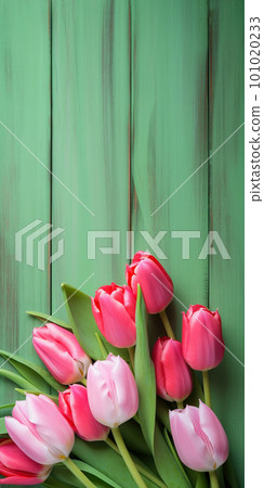 Tulip border with copy space. Beautiful frame composition of spring flowers. Bouquet of pink tulips flowers on green vintage wooden background Tulip border with copy space. Beautiful frame composition of spring flowers. Bouquet of pink tulips flowers on green vintage wooden background 101020233