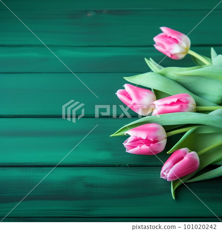 Tulip border with copy space. Beautiful frame composition of spring flowers. Bouquet of pink tulips flowers on green vintage wooden background Tulip border with copy space. Beautiful frame composition of spring flowers. Bouquet of pink tulips flowers on green vintage wooden background 101020242