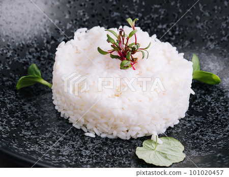 Portion of classic italian risotto on black plate 101020457