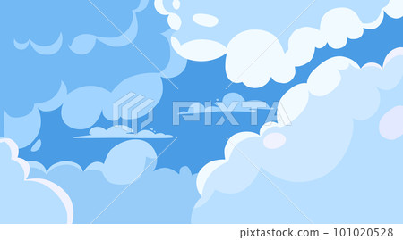 Above clouds sky or heaven background, nature peaceful landscape with white and lilac cumulonimbus cloudscape and sun shine. Early morning abstract vivid view from airplane Cartoon vector illustration 101020528