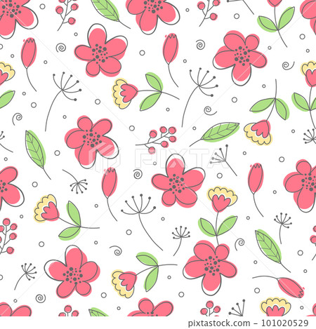 Gorgeous seamless floral pattern with peony roses, tulips and eucalyptus. Endless design with elegant spring flowers for printing. Repeatable botanical backdrop. Colorful flat vector illustration 101020529