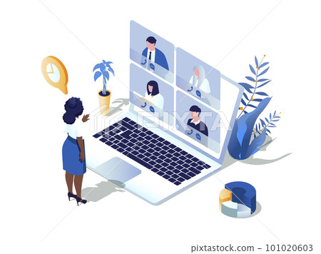 Video conference concept 3d isometric web scene. People communicates online and discuss tasks via video call, working distance at virtual group chat. Vector illustration in isometry graphic design 101020603