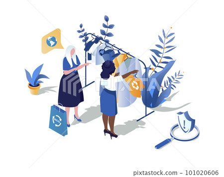 Sustainable shopping concept 3d isometric web scene. People choosing environmentally friendly shop and buying eco clothes with recycling fabric textile. Vector illustration in isometry graphic design 101020606