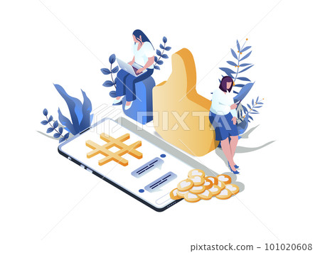 Social media platform concept 3d isometric web scene. People browsing and communicating online, chatting with friend, likes post using mobile app. Vector illustration in isometry graphic design Social media platform concept 3d isometric web scene. People browsing and communicating online, chatting with friend, likes post using mobile app. Vector illustration in isometry graphic design 101020608