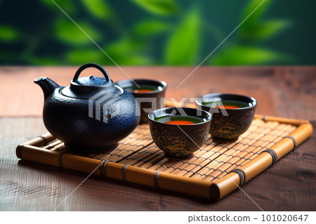 Asian tea set. Japanese teapot and cups on bamboo mat. Hot tea in pot and teacups 101020647