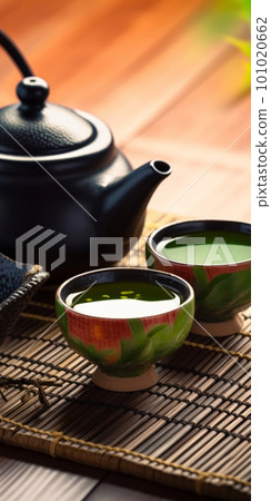 Asian tea set. Japanese teapot and cups on bamboo mat. Hot tea in pot and teacups Asian tea set. Japanese teapot and cups on bamboo mat. Hot tea in pot and teacups 101020662