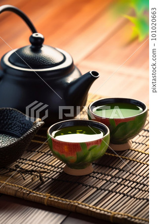 Asian tea set. Japanese teapot and cups on bamboo mat. Hot tea in pot and teacups Asian tea set. Japanese teapot and cups on bamboo mat. Hot tea in pot and teacups 101020663