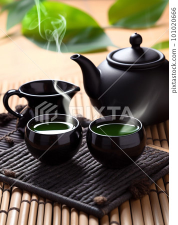 Asian tea set. Japanese teapot and cups on bamboo mat. Hot tea in pot and teacups Asian tea set. Japanese teapot and cups on bamboo mat. Hot tea in pot and teacups 101020666