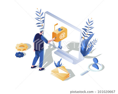 Email concept 3d isometric web scene. People sending and receiving letters at mailbox, using online correspondence computer programs for communication. Vector illustration in isometry graphic design Email concept 3d isometric web scene. People sending and receiving letters at mailbox, using online correspondence computer programs for communication. Vector illustration in isometry graphic design 101020667