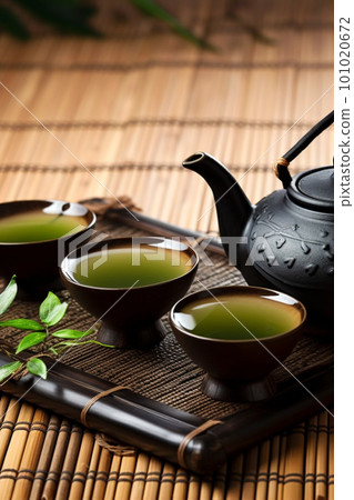Asian tea set. Japanese teapot and cups on bamboo mat. Hot tea in pot and teacups Asian tea set. Japanese teapot and cups on bamboo mat. Hot tea in pot and teacups 101020672