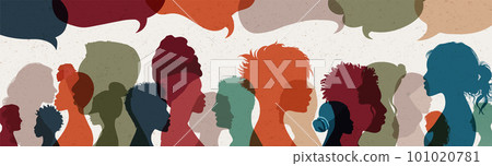 Crowd. Silhouette heads face international people in profile talking and communicating. Speech bubble. Communication. Community. Communicate share ideas information on social networks 101020781
